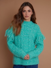 Another Sunday Green Twisted Yarn Tassel Trim Cable Knit Jumper - Image 5 of 7