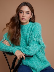 Another Sunday Green Twisted Yarn Tassel Trim Cable Knit Jumper - Image 7 of 7