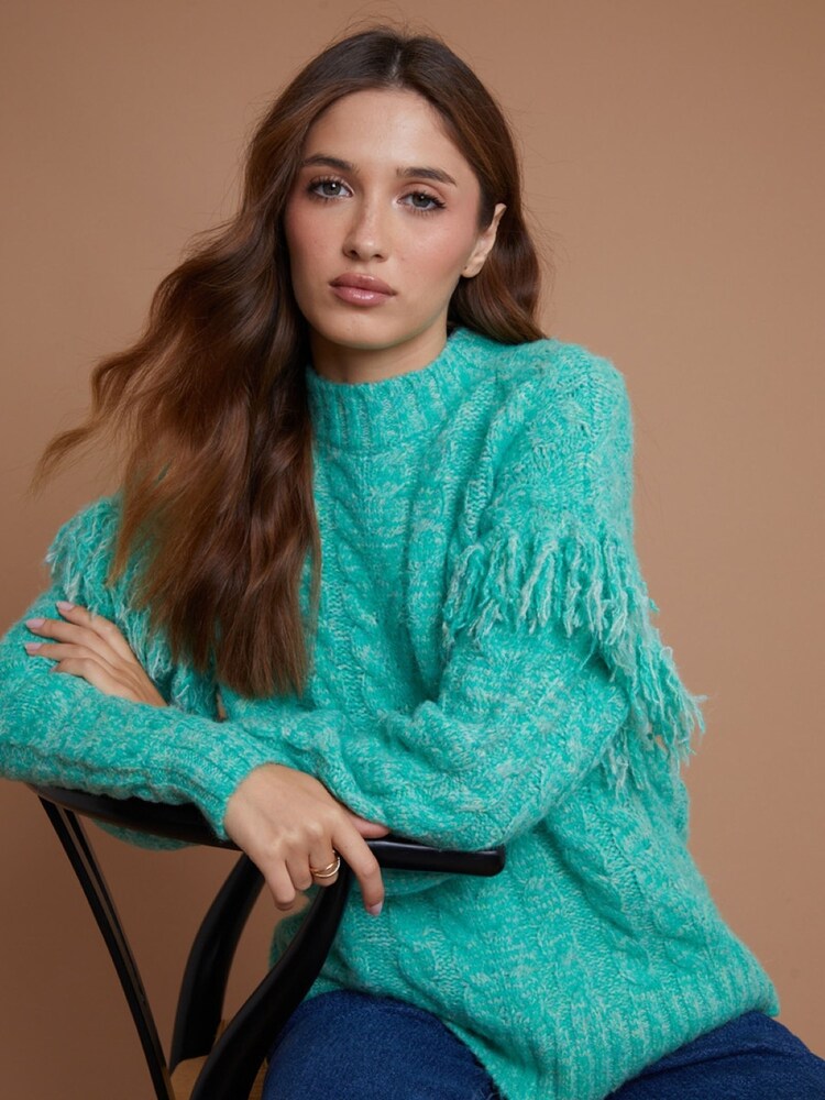 Another Sunday Green Twisted Yarn Tassel Trim Cable Knit Jumper - Image 7 of 7