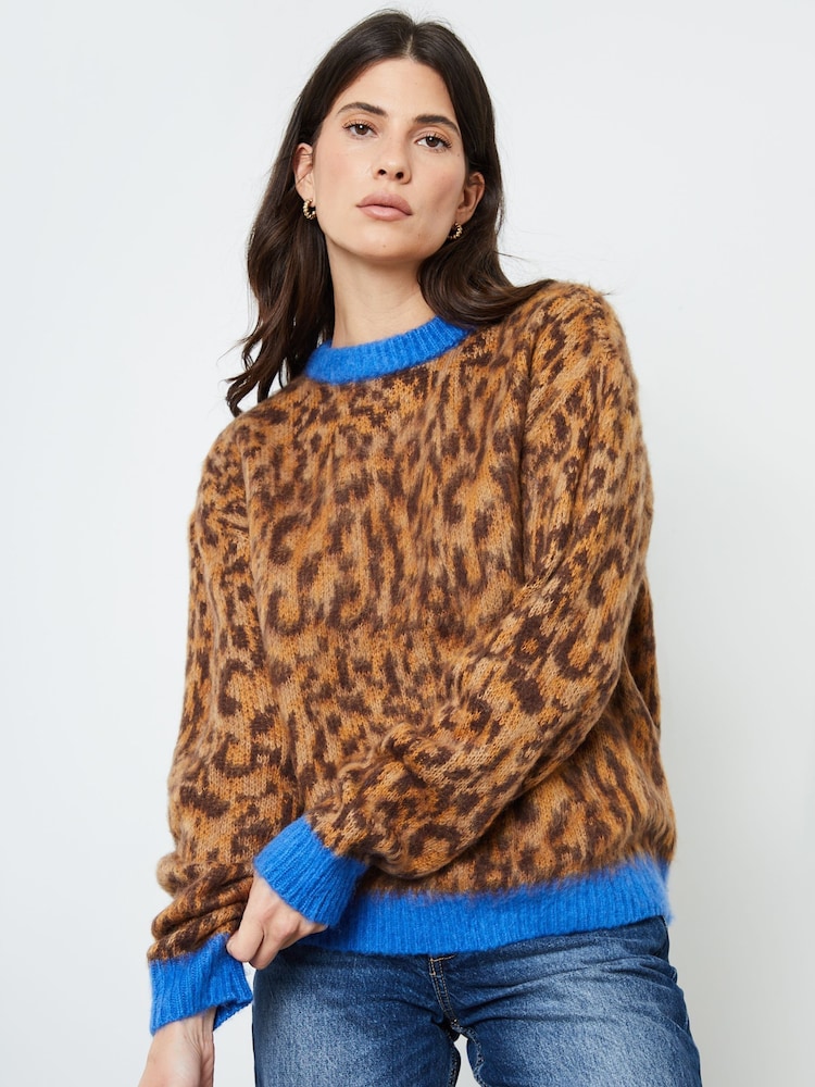 Another Sunday Brown Leopard Print Knitted Jumper With Collar - Image 1 of 4