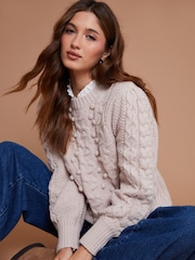 Another Sunday Cream Cable Bobble Detail Knitted Jumper - Image 2 of 4