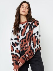 Another Sunday Animal Tiger Print Cropped Brushed Knitted Jumper - Imaginea 3 din 4