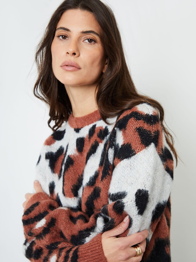 Another Sunday Animal Tiger Print Cropped Brushed Knitted Jumper - Imaginea 4 din 4