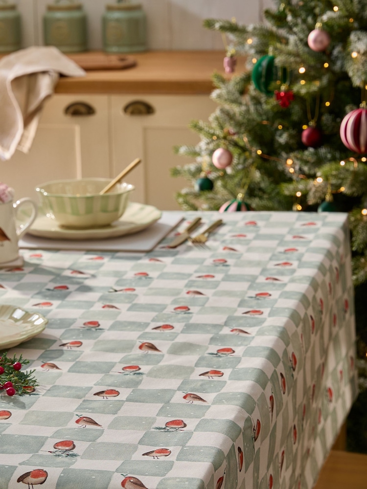 Sage Green Christmas Robin Wipe Clean Table Cloth - Image 1 of 4 Sage Green Christmas Robin Wipe Clean Table Cloth - Image 1 of 4