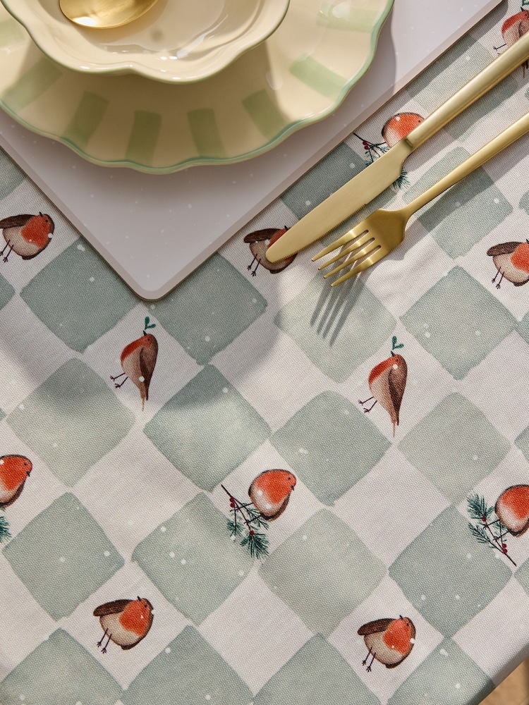 Sage Green Christmas Robin Wipe Clean Table Cloth - Image 2 of 4 Sage Green Christmas Robin Wipe Clean Table Cloth - Image 2 of 4