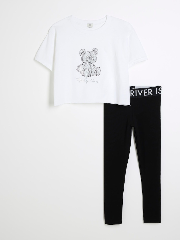 River Island White Girls Diamante Bear 100% Cotton Top And Leggings Set - Image 1 of 5 River Island White Girls Diamante Bear 100% Cotton Top And Leggings Set - Image 1 of 5