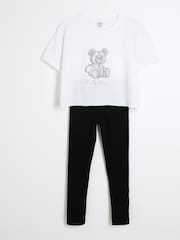 River Island White Girls Diamante Bear 100% Cotton Top And Leggings Set - Image 3 of 5
