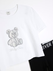 River Island White Girls Diamante Bear 100% Cotton Top And Leggings Set - Image 4 of 5