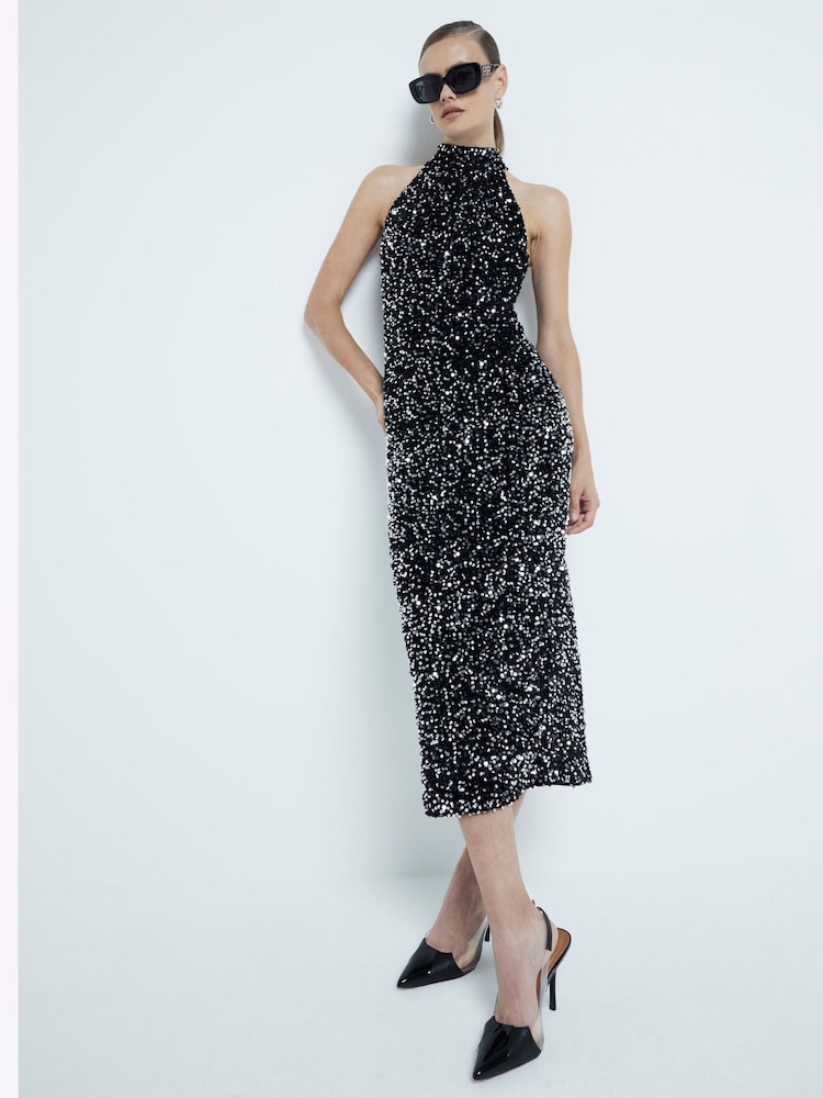 River Island Black Velvet Halter Sequin Detail Midi Dress - Image 1 of 7