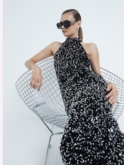 River Island Black Velvet Halter Sequin Detail Midi Dress - Image 3 of 7