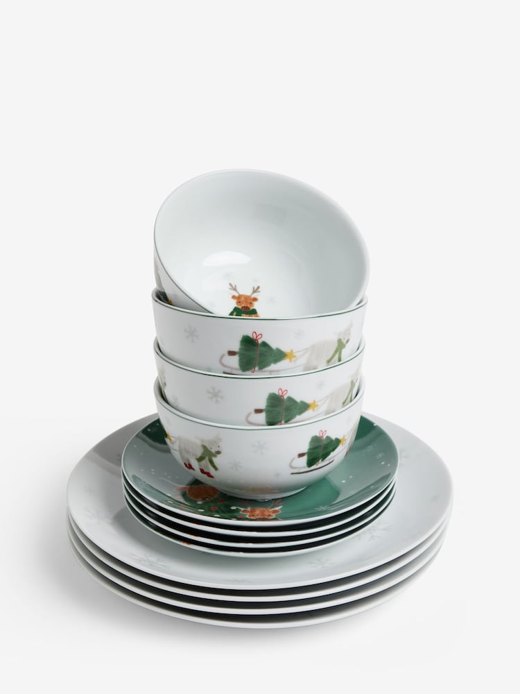 12 Piece Green Christmas Hamish The Highland Cow Dinner Set - Image 4 of 4 12 Piece Green Christmas Hamish The Highland Cow Dinner Set - Image 4 of 4