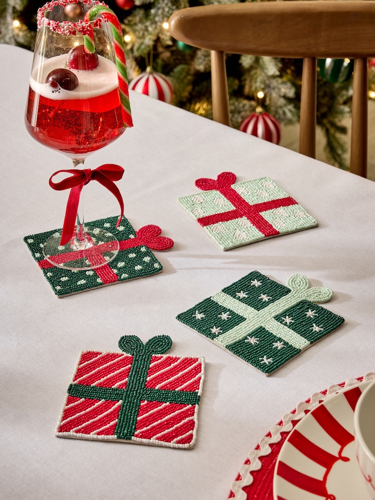 Set of 4 Green Christmas Present Beaded Coasters - Image 1 of 3