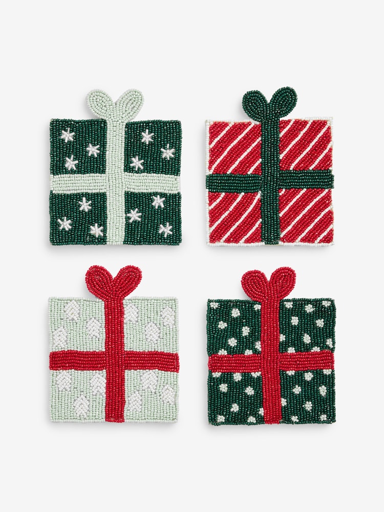 Set of 4 Green Christmas Present Beaded Coasters - Image 3 of 3