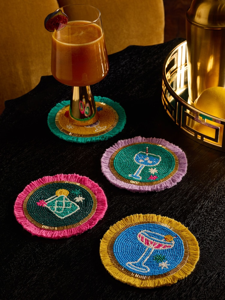 Set of 4 Multi Cocktail Fringed Beaded Coasters - Image 1 of 3