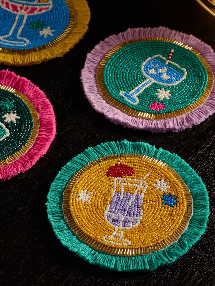 Set of 4 Multi Cocktail Fringed Beaded Coasters - Image 2 of 3