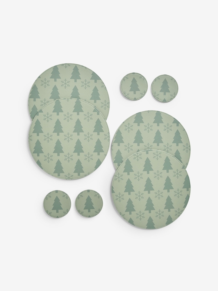 Set of 4 Christmas Tree Printed Faux Leather Placemats and Coasters - صورة 1 من 1 Set of 4 Christmas Tree Printed Faux Leather Placemats and Coasters - صورة 1 من 1