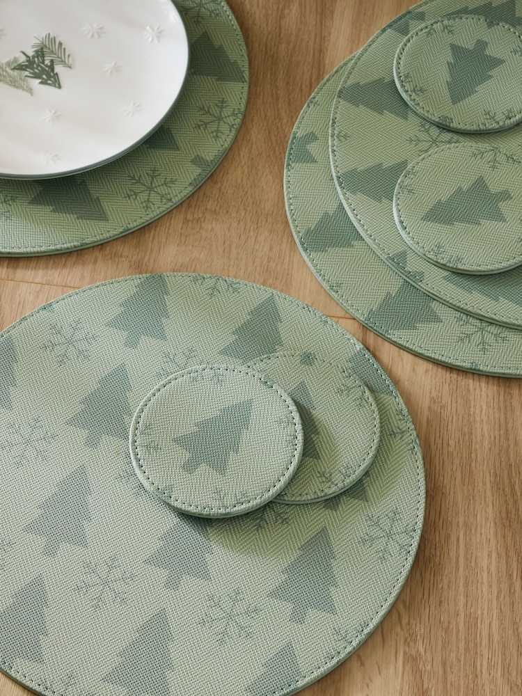 Set of 4 Green Christmas Tree Printed Faux Leather Placemats and Coasters - Image 2 of 4