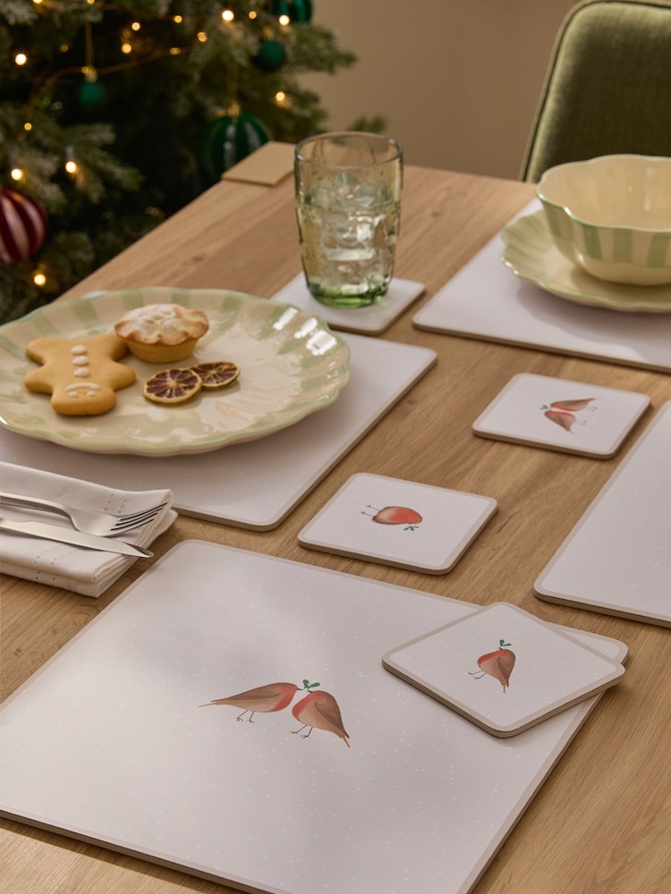 4 Piece Natural Christmas Robin Cork Back Placemats and Coasters Set - Image 1 of 3