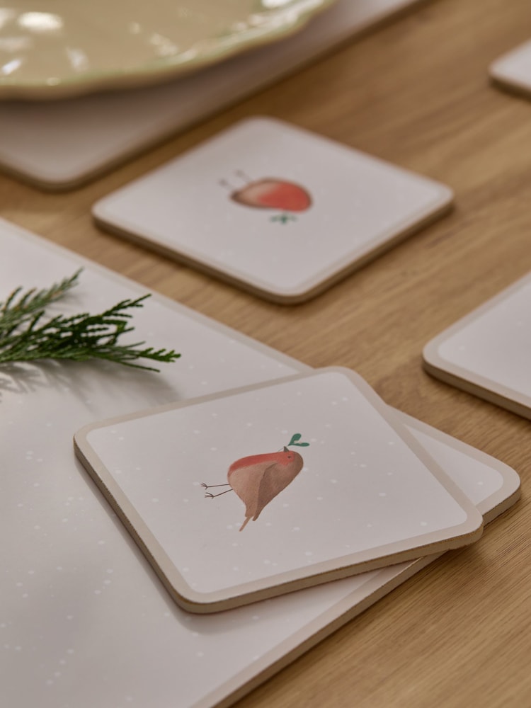 4 Piece Natural Christmas Robin Cork Back Placemats and Coasters Set - Image 2 of 3