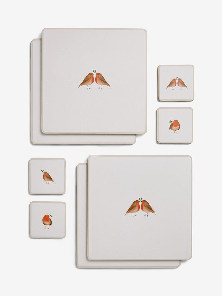 4 Piece Natural Christmas Robin Cork Back Placemats and Coasters Set - Image 3 of 3