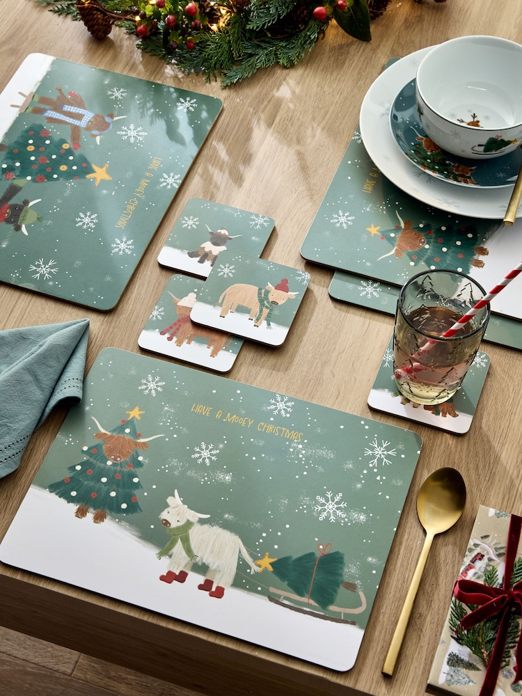 Set of 4 Green Christmas Hamish Corkback Placemats and Coasters Set - Image 1 of 4 Set of 4 Green Christmas Hamish Corkback Placemats and Coasters Set - Image 1 of 4