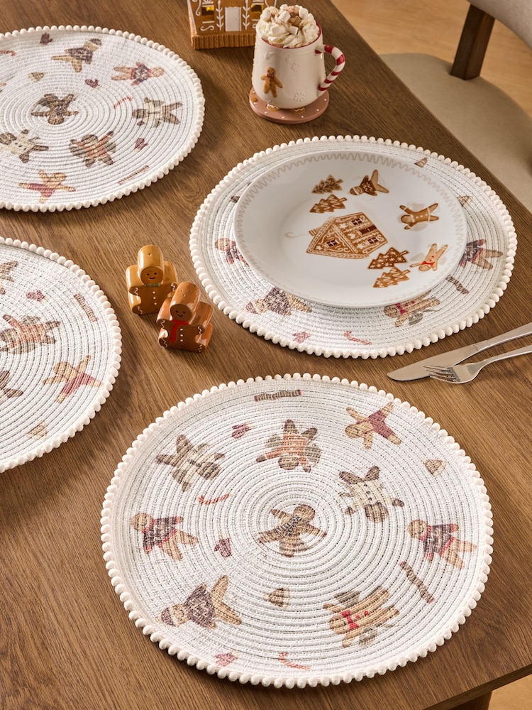Set of 4 Natural Christmas Gingerbread Printed Pom Placemats - Image 1 of 3