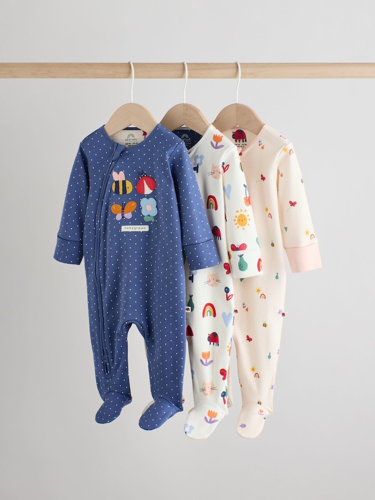Navy Baby Two Way Zip Sleepsuits 3 Pack (0-2yrs) - Image 1 of 12