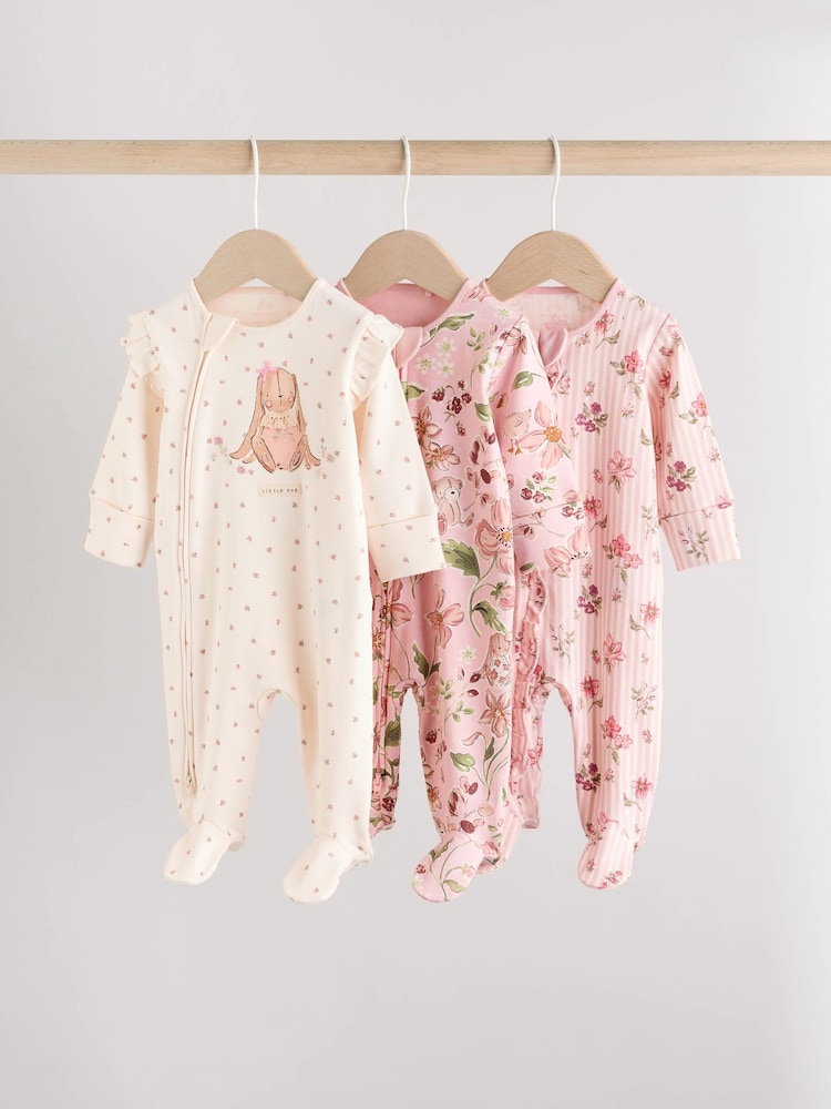 Pink Baby Two Way Zip Sleepsuits 3 Pack (0-2yrs) - Image 1 of 13