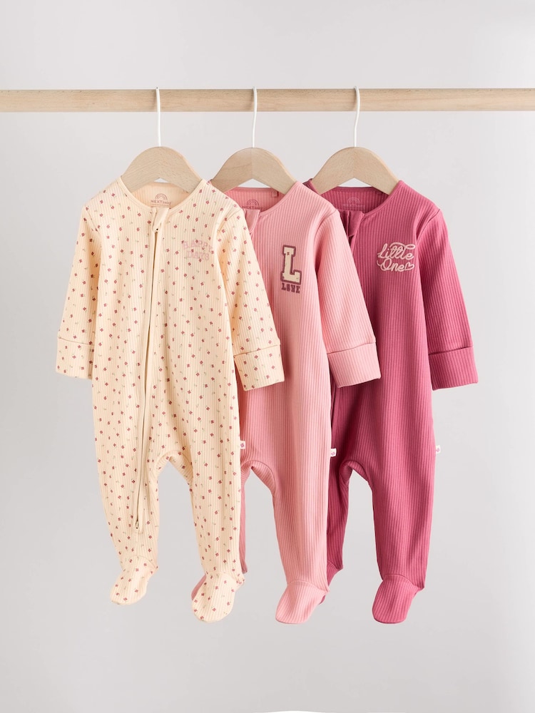 Pink Baby Two Way Zip Floral Print Sleepsuits 3 Pack (0mths-3yrs) - Image 1 of 14