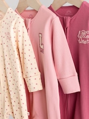 Pink Baby Two Way Zip Floral Print Sleepsuits 3 Pack (0mths-3yrs) - Image 7 of 14