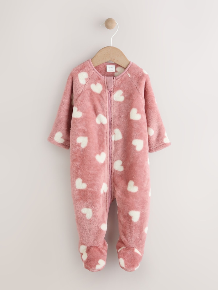 Pink Heart Print Baby Fleece Sleepsuit - Image 1 of 6 Pink Heart Print Baby Fleece Sleepsuit - Image 1 of 6