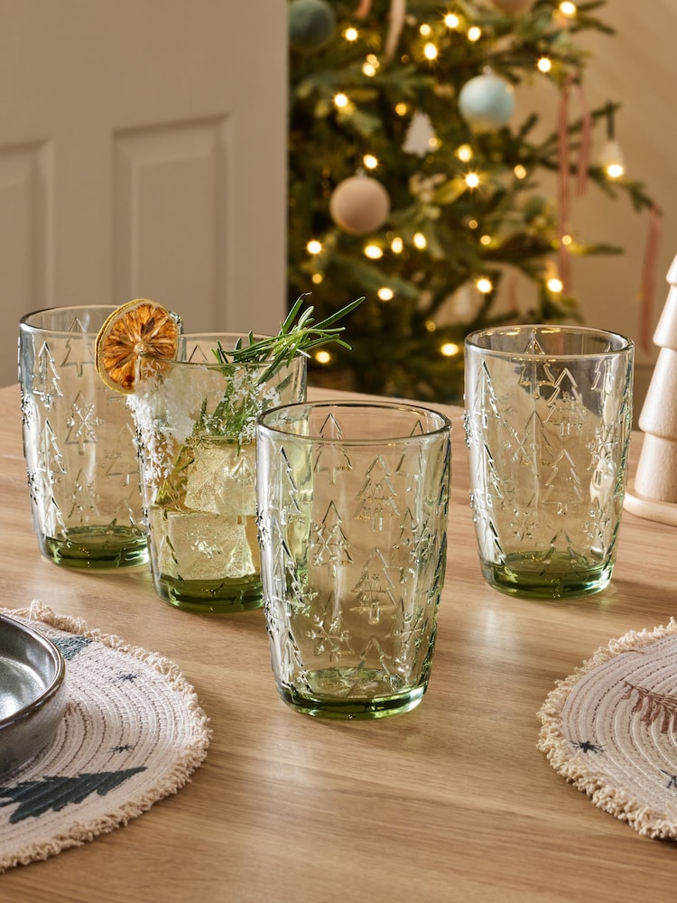 Set of 4 Green Christmas Tree Pressed Tumbler Glasses - Image 1 of 3