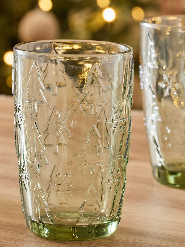 Set of 4 Green Christmas Tree Pressed Tumbler Glasses - Image 2 of 3