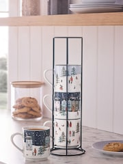Set of 4 Navy Winter Scene Stacking Mugs with Wire Stand - Image 1 of 4