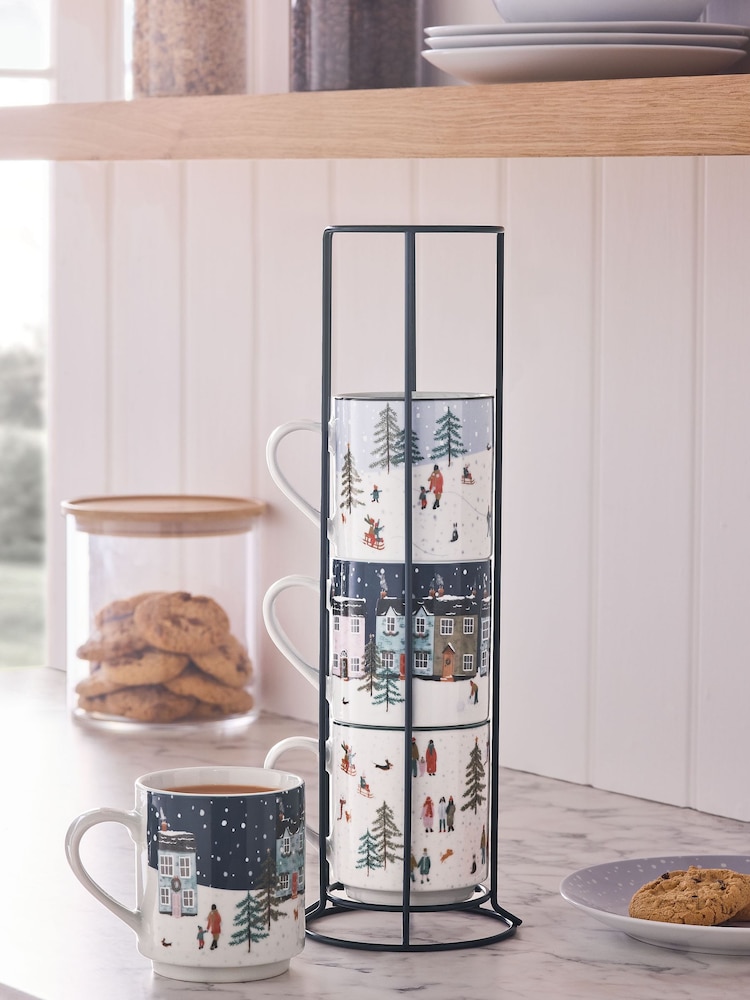Set of 4 Navy Winter Scene Stacking Mugs with Wire Stand - Image 1 of 4