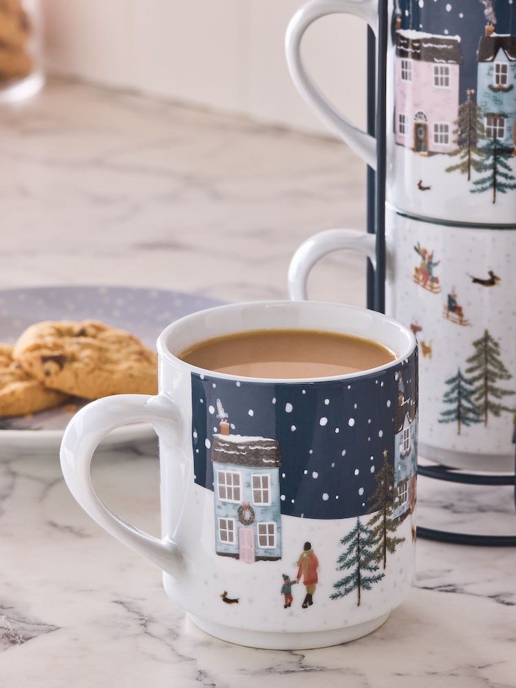 Set of 4 Navy Winter Scene Stacking Mugs with Wire Stand - Image 2 of 4