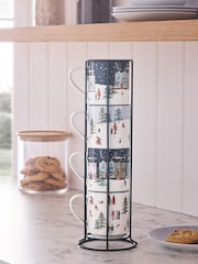 Set of 4 Navy Winter Scene Stacking Mugs with Wire Stand - Image 3 of 4