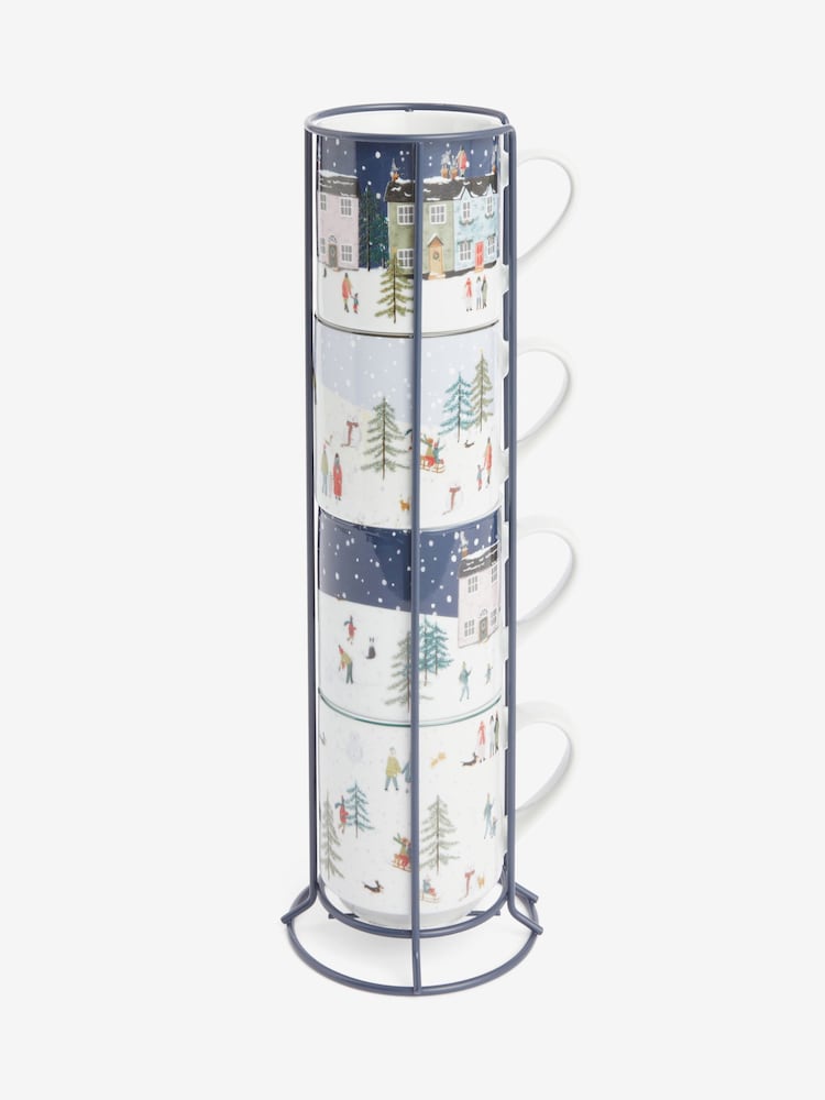 Set of 4 Navy Winter Scene Stacking Mugs with Wire Stand - Image 4 of 4