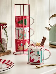 Set of 4 Red Santa Stacking Mugs with Wire Stand - Image 1 of 5
