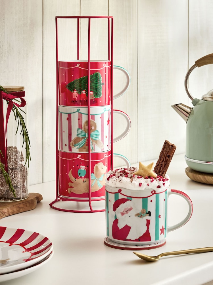 Set of 4 Red Santa Stacking Mugs with Wire Stand - Image 1 of 5