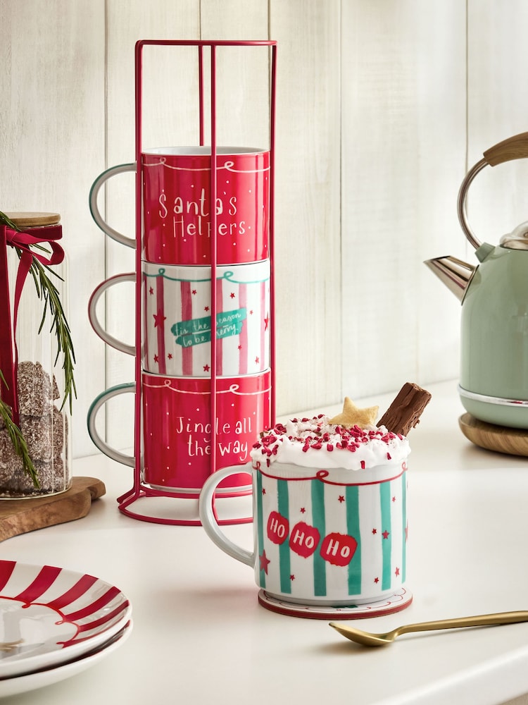 Set of 4 Red Santa Stacking Mugs with Wire Stand - Image 2 of 5