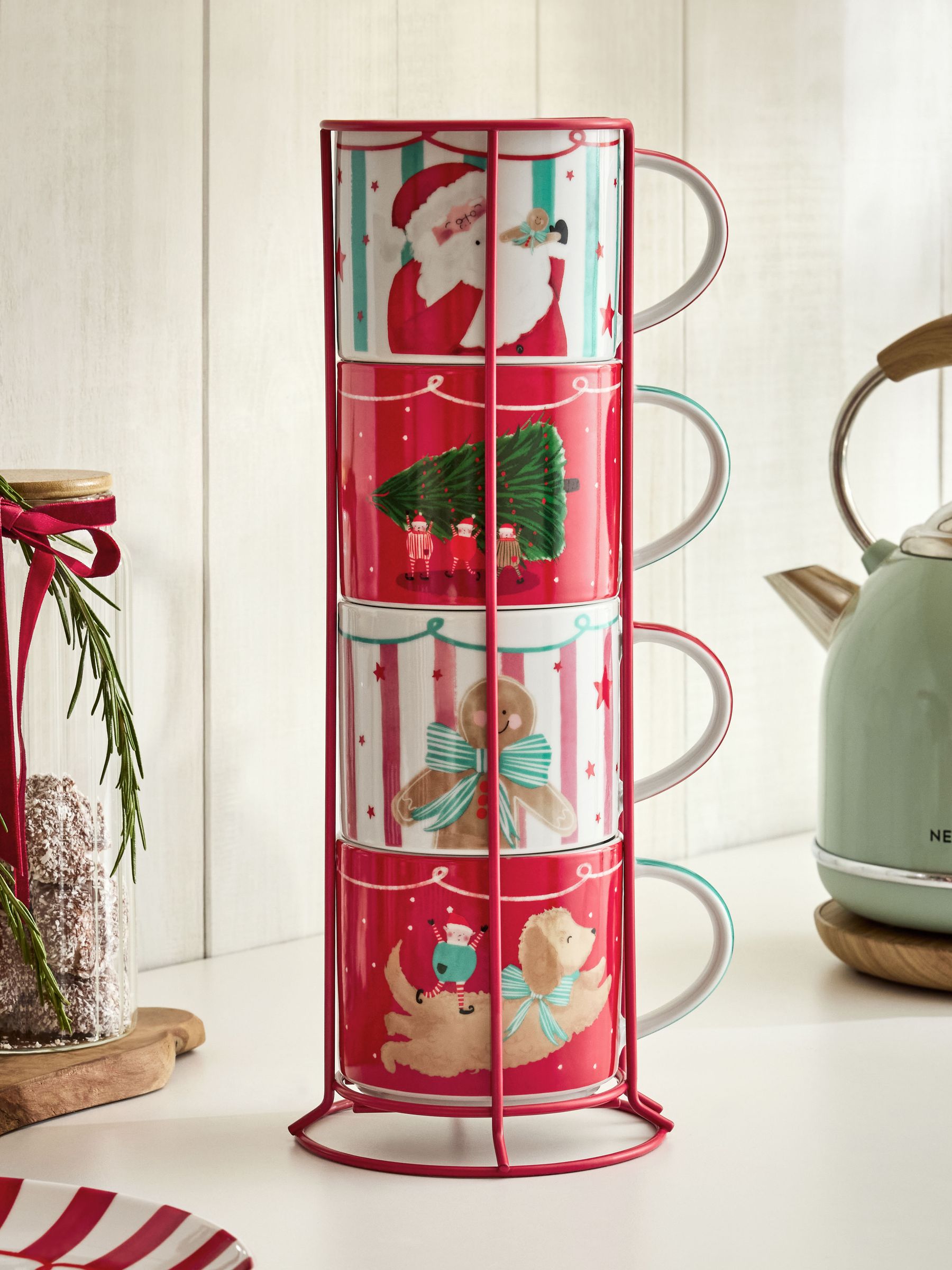 Buy Set of 4 Red Santa Stacking Mugs with Wire Stand from Next USA