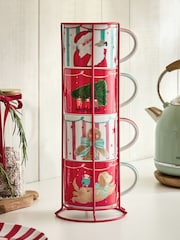 Set of 4 Red Santa Stacking Mugs with Wire Stand - Image 3 of 5