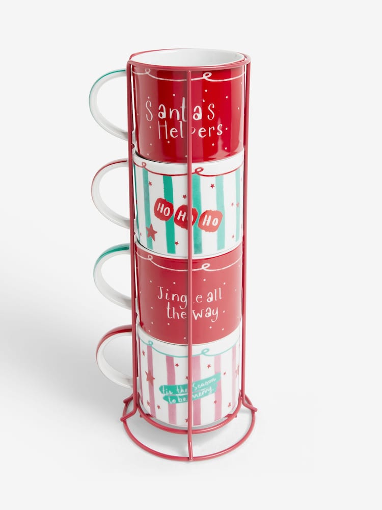 Set of 4 Red Santa Stacking Mugs with Wire Stand - Image 5 of 5