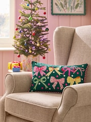 Lucy Tiffney Green Christmas Bows Needlepoint Cushion - Image 1 of 6