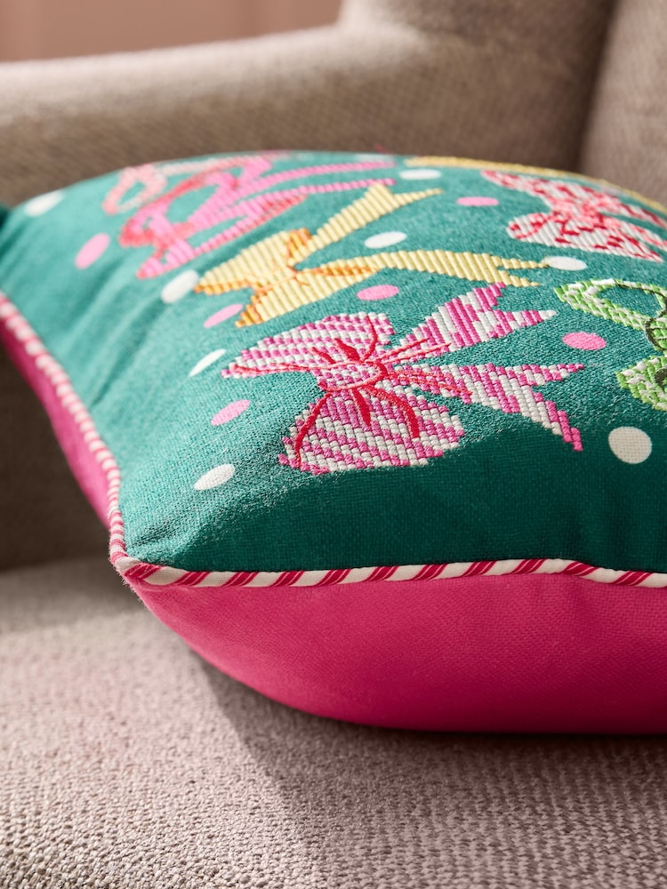 Lucy Tiffney Green Christmas Bows Needlepoint Cushion - Image 2 of 6