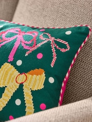 Lucy Tiffney Green Christmas Bows Needlepoint Cushion - Image 3 of 6