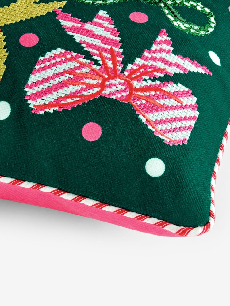 Lucy Tiffney Green Christmas Bows Needlepoint Cushion - Image 6 of 6
