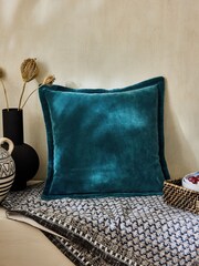 French Connection Teal Blue Washed Velvet Cushion - Image 1 of 5