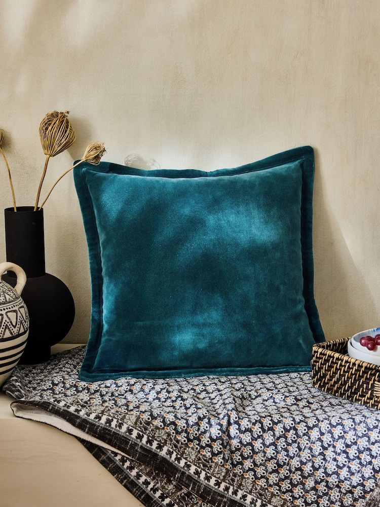 French Connection Teal Blue Washed Velvet Cushion - Image 1 of 5 French Connection Teal Blue Washed Velvet Cushion - Image 1 of 5